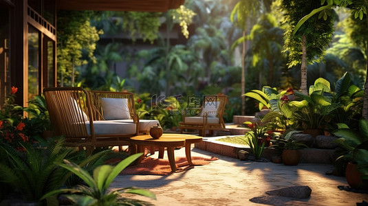 建背景图片_沐浴在大自然的美丽中 户外休息室的 3D 插图