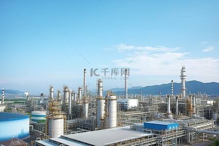 天空的城背景图片_背景是一座山的城市里的一座大型炼油厂