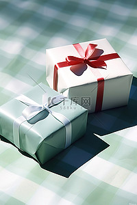 绿色礼物背景图片_桌布上的两件红色和绿色礼物