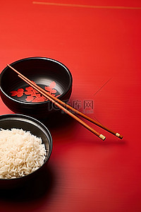 中筷子背景图片_红色背景中的米饭和筷子