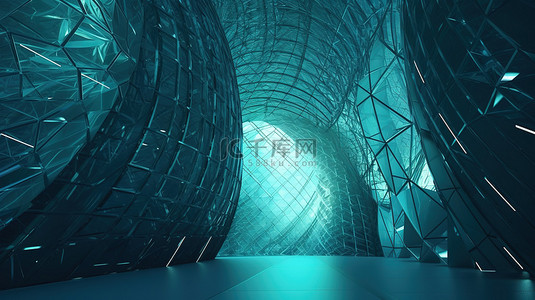 蓝色和绿色的当代技术设计抽象建筑的 3D 渲染
