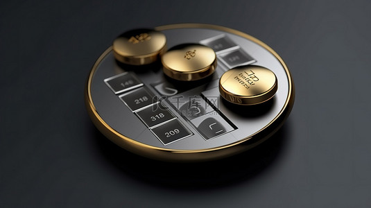 3d 渲染灰色圆形键按钮金色日历图标