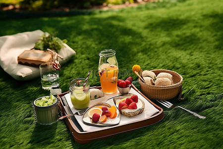 沙拉汁背景图片_草地上野餐，提供水果和饮料
