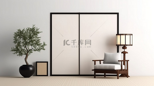 日本房子框架背景图片_日本风格的客厅设计，配有榻榻米地板优雅的扶手椅框架艺术品和落地灯 3D 渲染