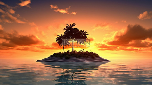 海与天空背景图片_日落的天空与以棕榈树为特色的 3d 岛屿