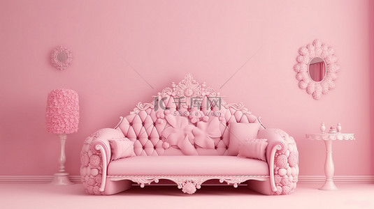 您的小公主的富丽堂皇的天堂 3D 插图，一个优雅的粉红色房间，配有花卉家具