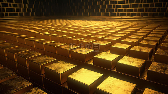 闪闪发光的金元宝背景图片_3D 插图展示了一个堆满闪闪发光的金条的仓库，在特写视图中描绘了富裕和丰富