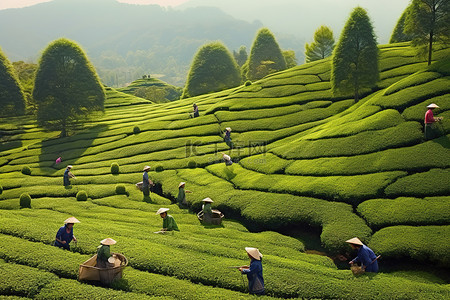 茶叶海拔背景图片_人们正在采摘茶叶的茶园