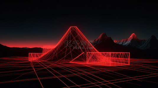 具有醒目的红光轨迹的线框 3d 渲染中的地平线框架山