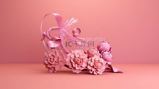 乳腺癌自检背景图片_乳腺癌意识月，3D 粉红色，带有花卉装饰