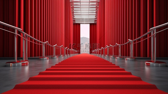 带绳索屏障和楼梯的长红地毯末端敞开的门的 3D 渲染