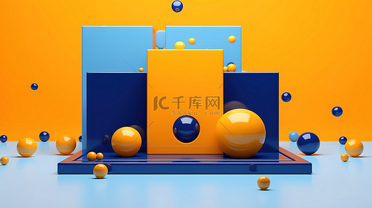 充满活力的橙色背景蓝色气泡中的几何形状和彩色正方形站在 3D 渲染中，具有简约设计抽象主题