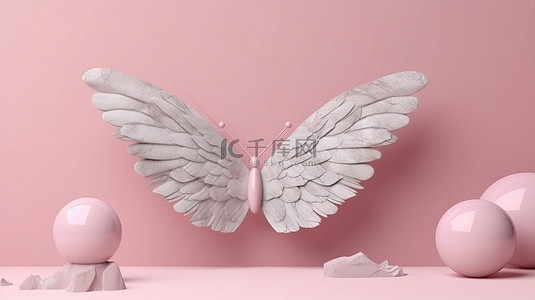简约石翼的 3D 渲染，在柔和的粉红色抽象背景上显示气球