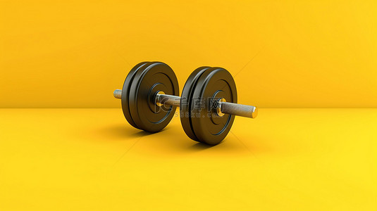 简约锻炼健身背景图片_纯黄色背景上黄色杠铃的简约 3D 渲染
