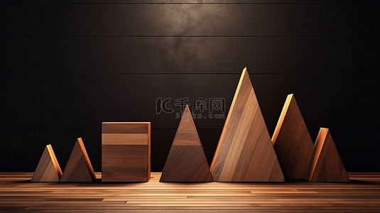 具有多种几何形状的棕色木质纹理场景的 3D 渲染