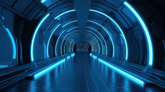 现代走廊的 3d 渲染中的未来派蓝色拱门