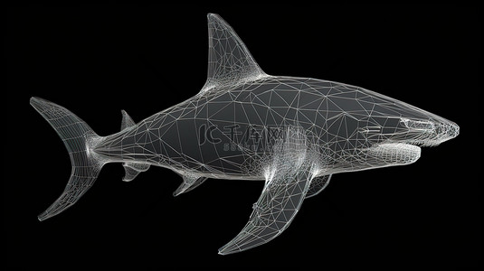 线框多边形鲨鱼的孤立黑色背景 3d 渲染