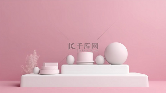 白色舞台背景图片_时尚简单的白色舞台，粉红色背景，用于化妆品或产品横幅 3D 渲染插图
