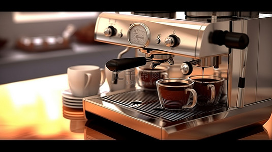 咖啡包装袋样机背景图片_咖啡店环境中咖啡机的 3D 数字插图