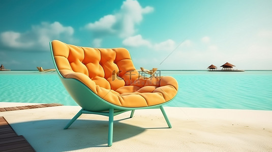 海边岛屿背景图片_海边豪华躺椅的海滨幸福 3D 渲染