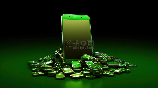 绿色背景下空白手机屏幕和芯片的在线赌场赌博的 3D 渲染