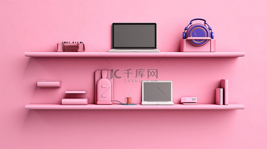 粉红色墙架横幅，配有现代科技小玩意电脑笔记本电脑手机和平板电脑 3D 插图