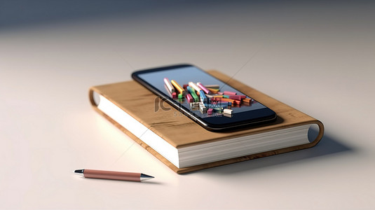 智能教室背景图片_基于移动的学习 3D 渲染智能手机在书堆上，用铅笔贴在白墙上