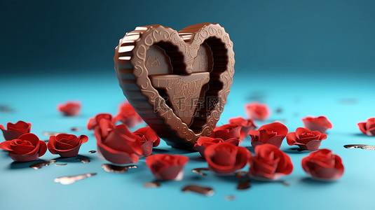 3D 渲染巧克力情书和蓝色背景上的红玫瑰，庆祝情人节