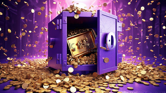 打开紫色保险箱，里面装满金币和​​美元符号 3D 渲染一个安全的钱箱