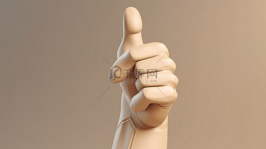带袖子的卡通手和 3D 渲染中竖起大拇指的手势