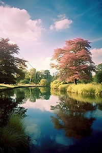 装饰景观背景图片_公园里的一个湖，装饰着树木