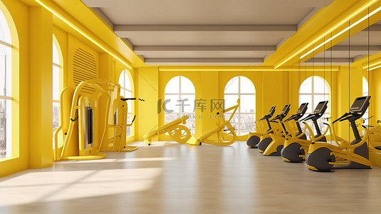以 3D 呈现的充满活力的黄色现代健身中心