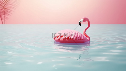暑假概念粉红色火烈鸟漂浮在游泳池 3d 渲染中，并为您的文本提供复制空间