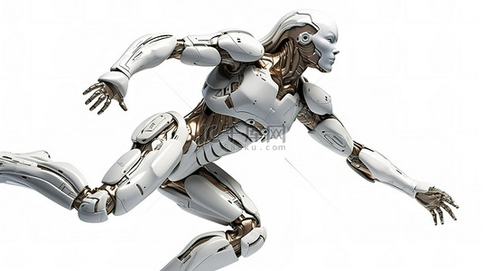 跑步冲刺背景图片_女性机器人机器人跳跃或冲刺的白色背景 3D 渲染