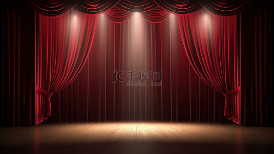 舞台背景聚光灯背景图片_红色窗帘和聚光灯空的剧院或歌剧舞台的 3D 渲染