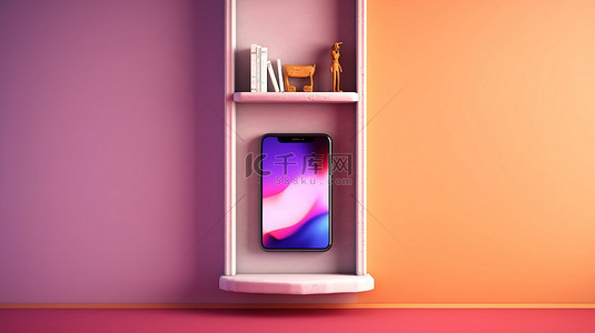 紫色墙架，垂直位置带有 3D 手机插图