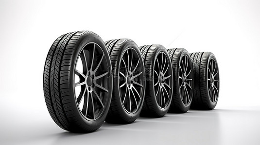 轮胎背景图片_通过 3D 渲染描绘的空白白色背景上显示的一行汽车轮胎