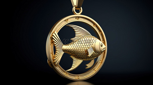 带外框的黄金鱼吊坠的 3D 渲染