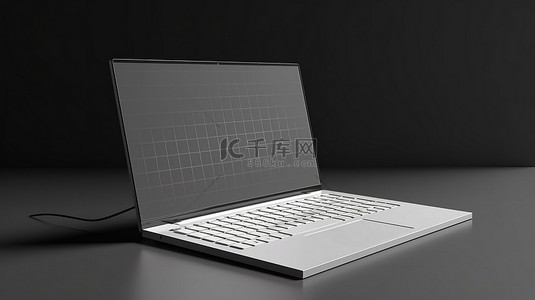 灰色背景笔记本电脑样机与 3D 渲染中的白色屏幕