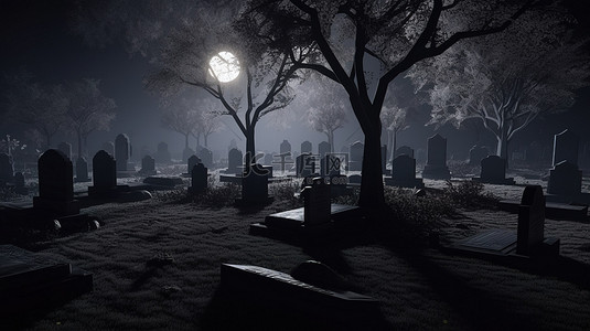 黑暗中的月亮背景图片_万圣节启发了一个笼罩在黑暗中的令人毛骨悚然的墓地的 3d 渲染