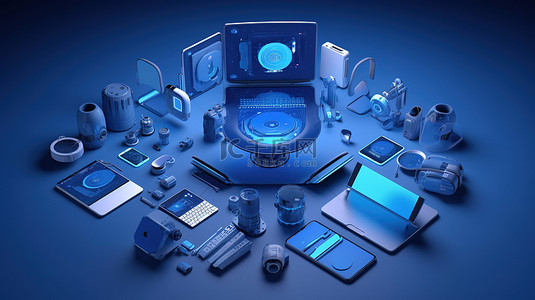 电脑创意桌面背景图片_数字机构 3D 渲染中蓝色小工具的自上而下视图
