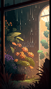 雨天卡通背景图片_雨滴小花灯光植物卡通的背景