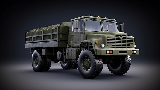 背景下一辆孤立的军​​用卡车的 3D 渲染插图