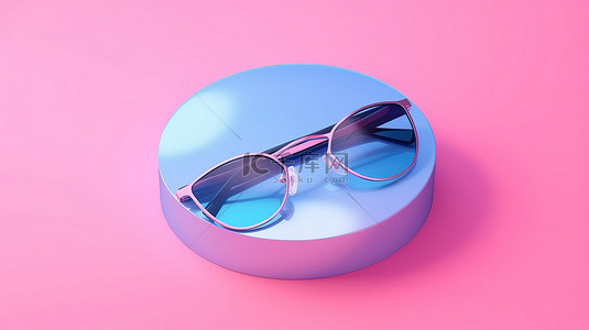 顶视图光盘盒旁边有粉蓝色柔和背景的 3D 眼镜