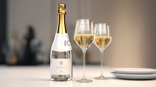 3D 渲染中的香槟瓶和两个眼镜样机海报
