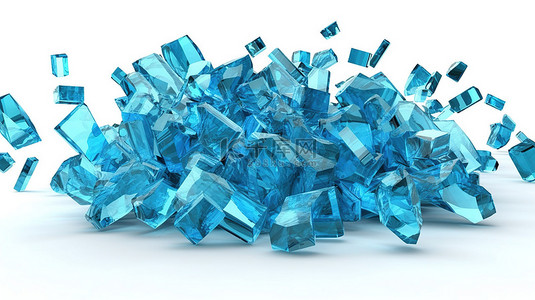 在白色背景 3D 渲染上隔离的运动中蓝色玻璃的破碎碎片