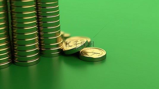 上升箭头箭头背景图片_浅绿色背景下钱堆和上升绿色箭头的 3D 渲染插图