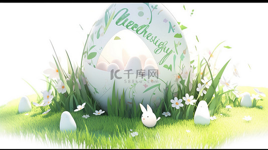 复活节庆祝活动在白蛋框上用茂盛的草捕获了文本的 3d 渲染
