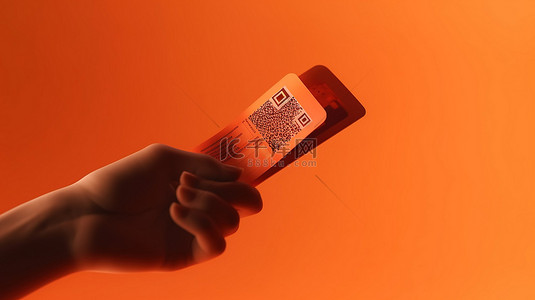 手从智能手机 3d 插图中选择一张票，在橙色背景上隔离