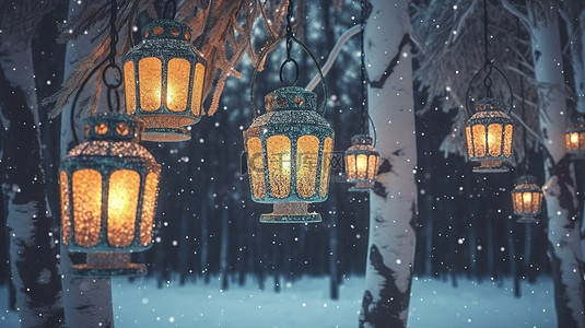冬季仙境中的发光圣诞树照亮的灯笼和发光的灯光